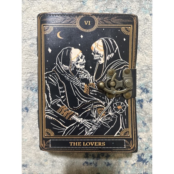 Does Not Apply Other - Book of Spells Leather Journal Deckle Paper Grimoire The Lovers Tarot Skull EUC